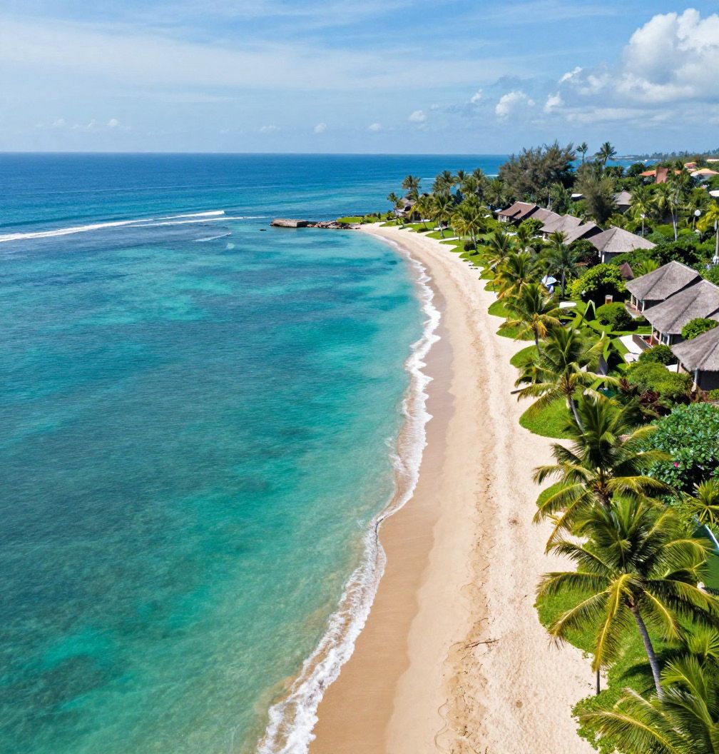 Aerial view of Sanur's turquoise water and palm-lined beach